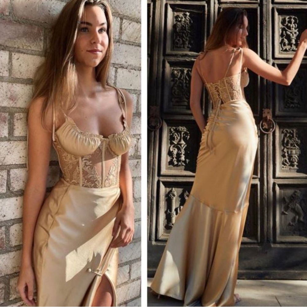 NEW V. Chapman Calla Lily Satin Corset Princess Formal Gown Warm Sand Size 4